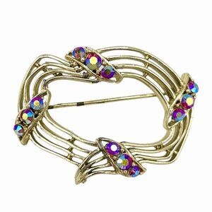 VINTAGE GOLD TONE MULTICOLOR AB RHINESTONE OVAL BROOCH PIN
